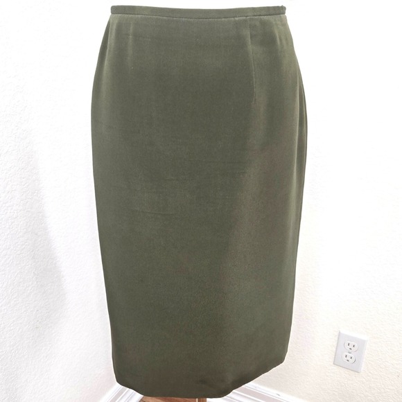 Josephine Chaus Silk Pencil Skirt Women's 14 Olive Green Lined Career Midi - Picture 2 of 11